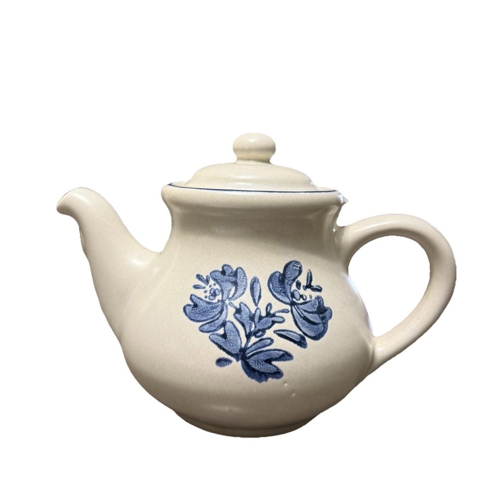 Vintage Pfaltzgraff Yorktowne Stoneware Blue Floral Teapot with Lid